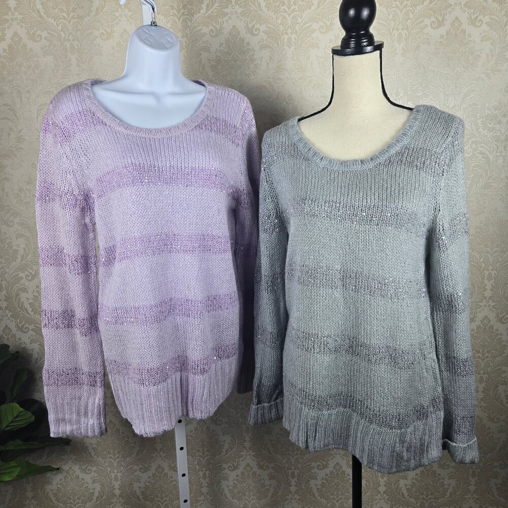 Apt 9 Size XL Bundle of 2 Loose Knit Sweaters Sequin Stripes Round Neck
